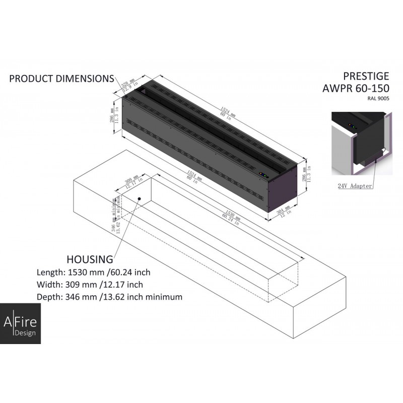 Dimensiones Chimenea de vapor de agua A-Fire Prestige AWPR 60-150