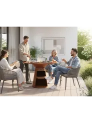 PURLINE Barbacoa redonda en acero corten con plancha de acero, grill y tablero de madera EFP59CO WOOD