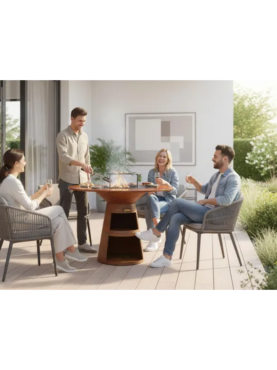 PURLINE Barbacoa redonda en acero corten con plancha de acero, grill y tablero de madera EFP59CO WOOD