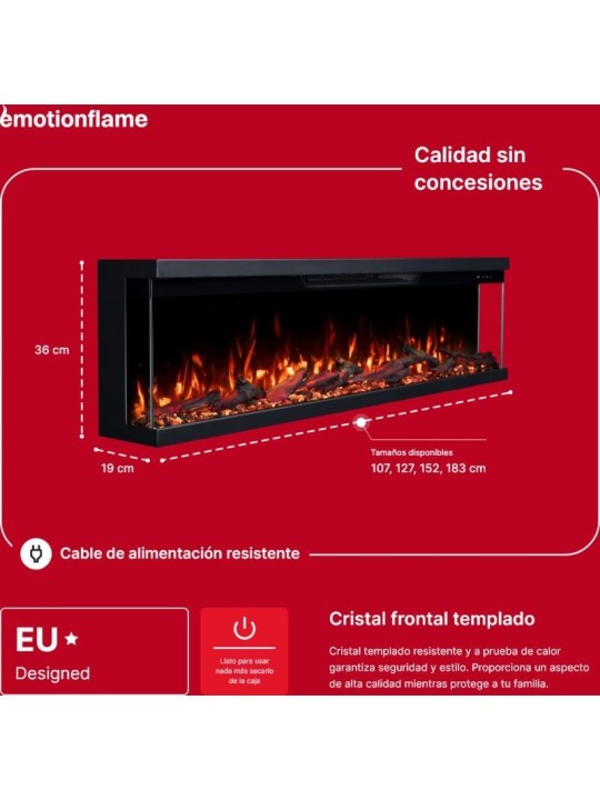 Chimenea eléctrica Unity - Infografía medidas y cristal